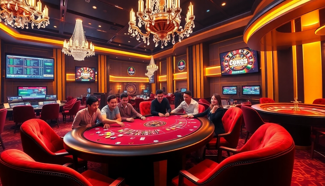 An exciting casino atmosphere at https://rr88.select/ featuring an engaging poker game with colorful chips and dynamic digital interfaces.
