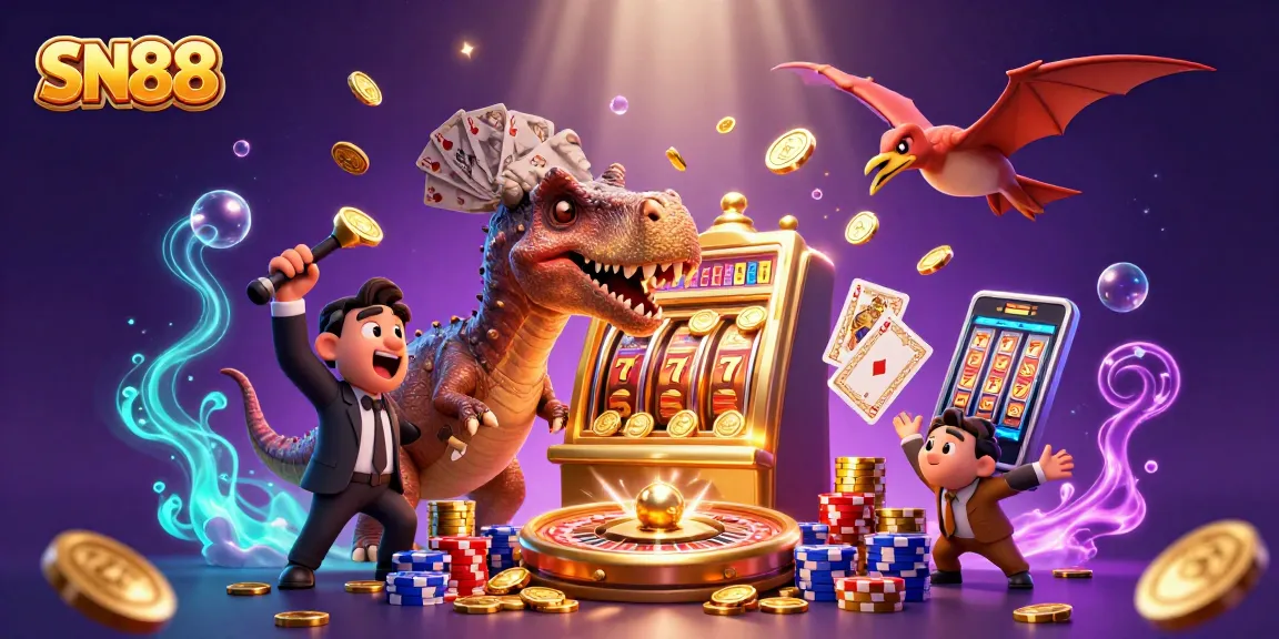 SN88 casino scene with a pachycephalosaurus winning a jackpot, surrounded by flying coins and vibrant gaming elements.