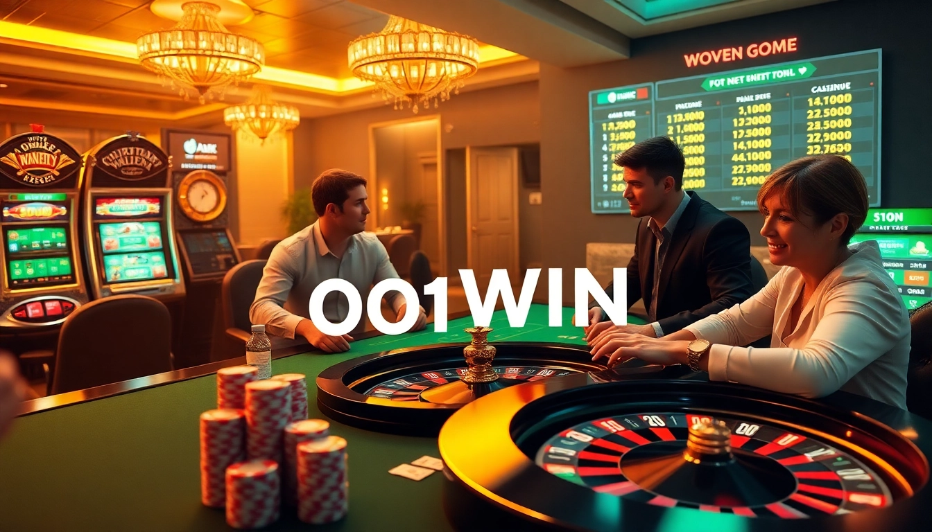 Jogadores engajados apostando nas mesas de poker da 001WIN com elementos de cassino vibrantes.