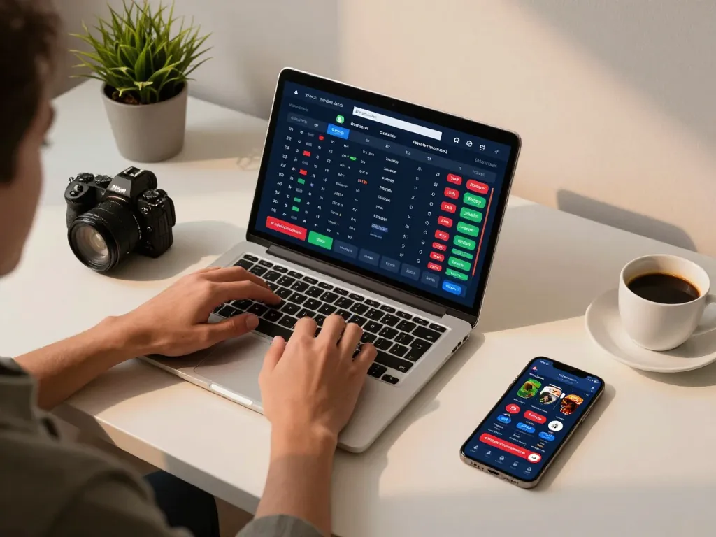 The C168 user analyzing sports betting stats on a laptop in a stylish modern workspace.