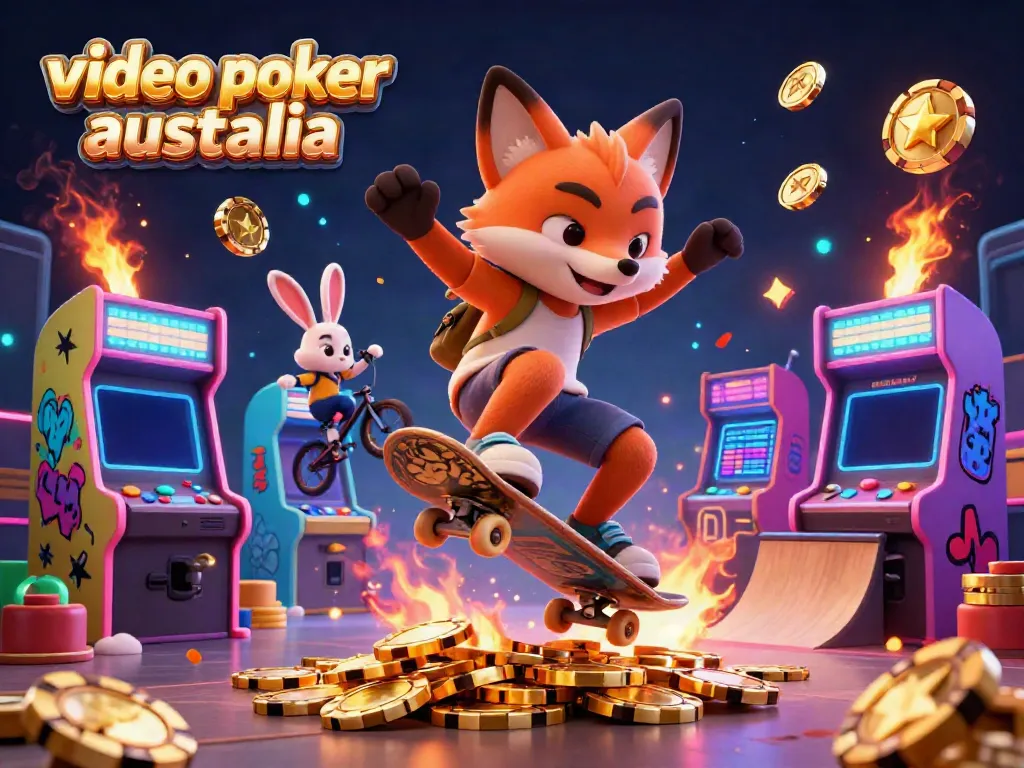 Exciting scene of video poker australia with a skateboarder fox and BMX rabbit jumping over poker chips.