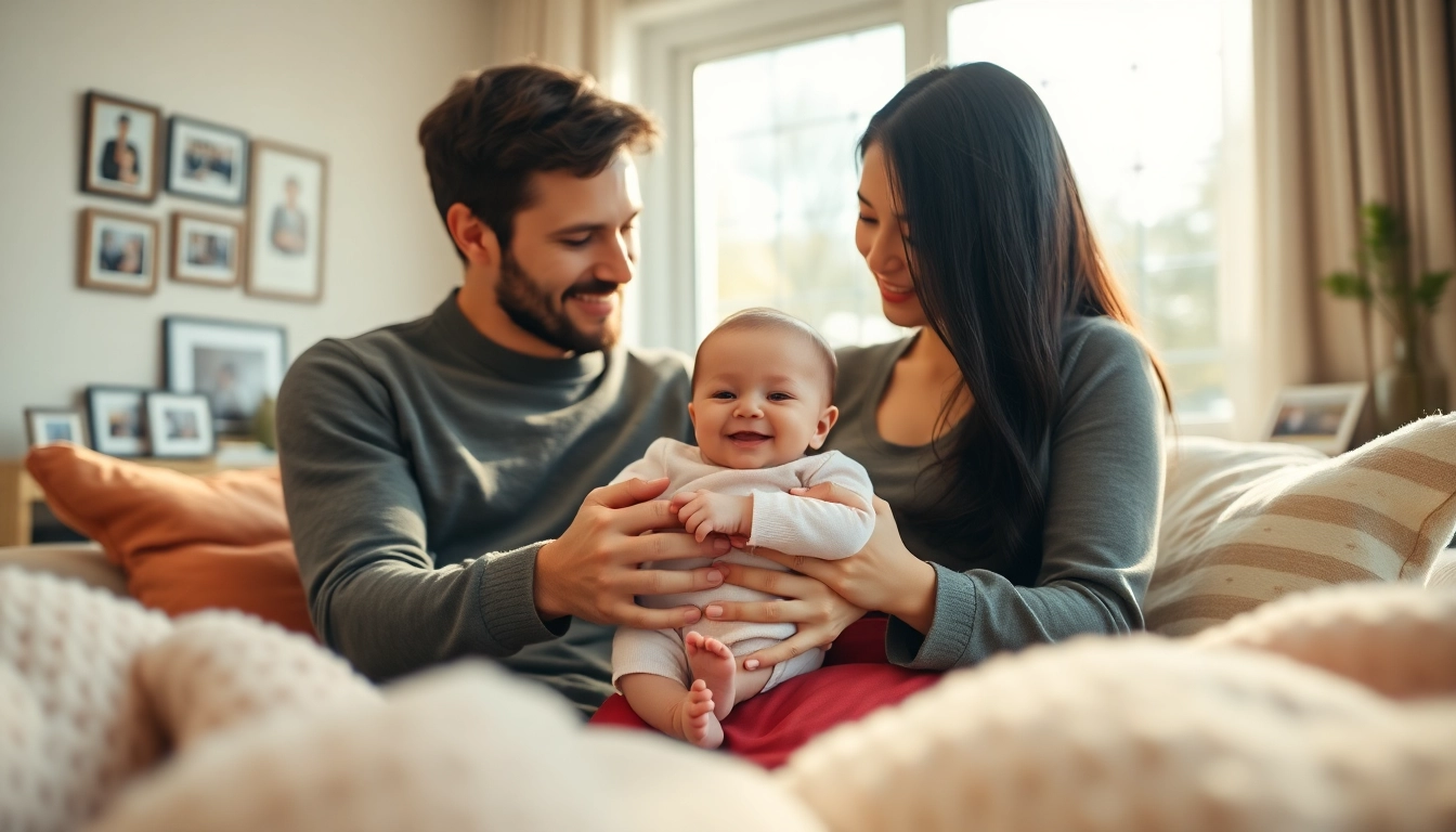 Family with new bornbaby joyfully interacting in a cozy living room, basking in natural light.