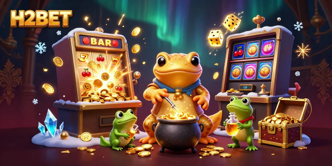H2BET highlights an alchemist scene with gold coins and exciting casino activities.