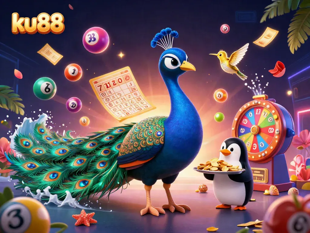 Engaging illustration showcasing ku88, featuring a peacock, penguin, and hummingbird in a vibrant casino scene.