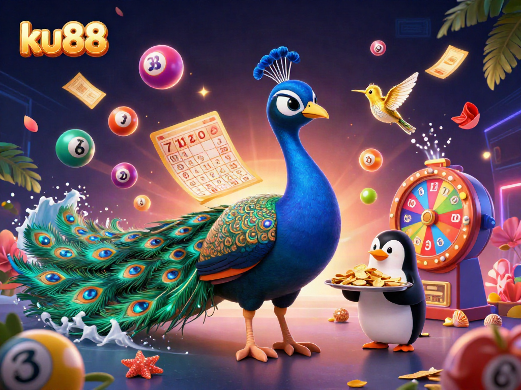 Engaging illustration showcasing ku88, featuring a peacock, penguin, and hummingbird in a vibrant casino scene.