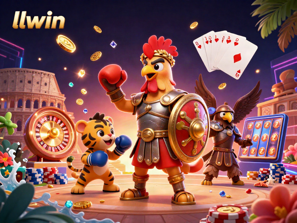 Experience the thrill of llwin with a vibrant scene of a gladiator rooster and casino elements.