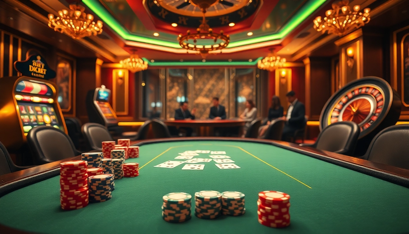 Engage in thrilling gameplay at rikbet with luxurious poker tables and vibrant casino elements.