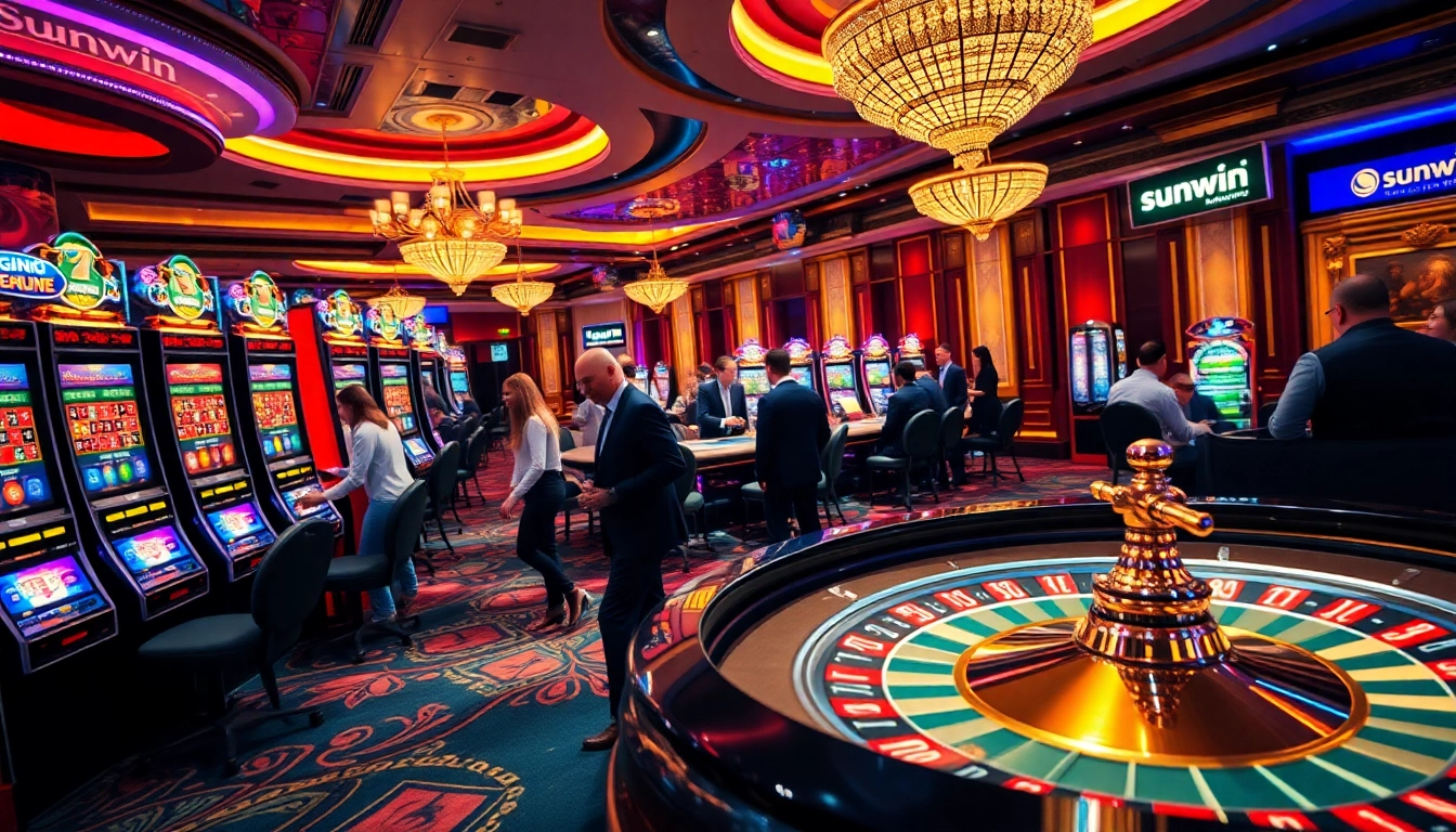 Gamblers enjoying an exciting game at a luxurious sunwin casino, featuring vibrant slot machines and roulette.