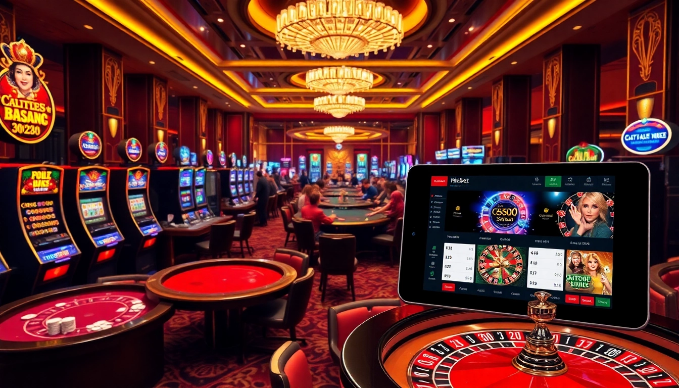 Exciting casino gaming atmosphere featuring rikbet1.cn.com logo on digital devices and vibrant gaming elements.