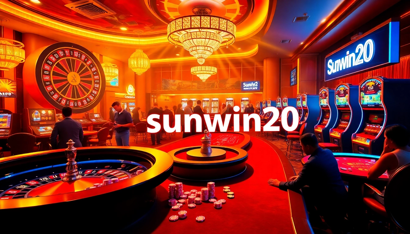 Engage with the thrilling atmosphere of sunwin20 in a luxurious casino scene featuring roulette and poker.