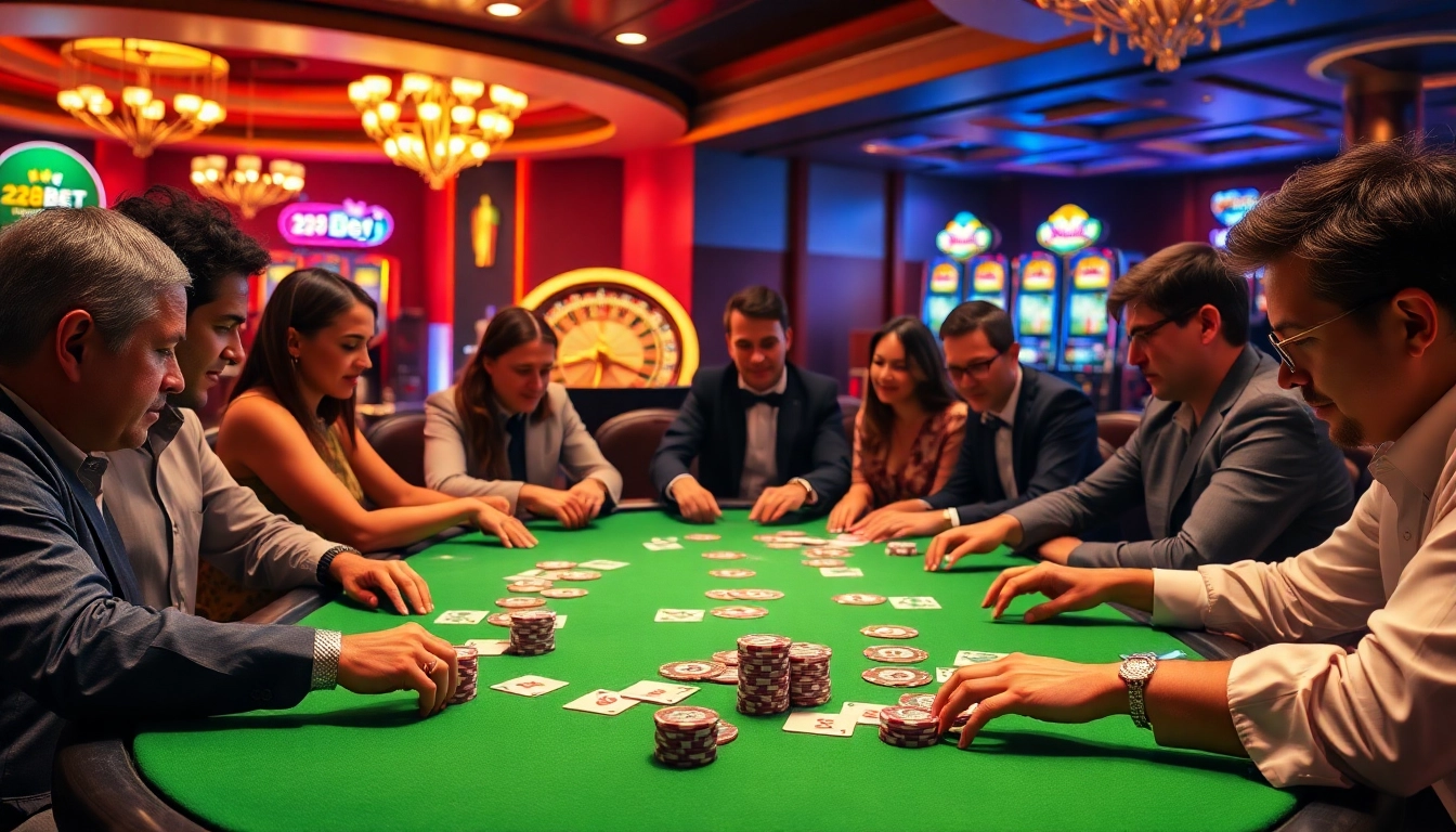 Gamblers enjoying a blackjack game at a stylish 28BET casino table, filled with chips and cards.