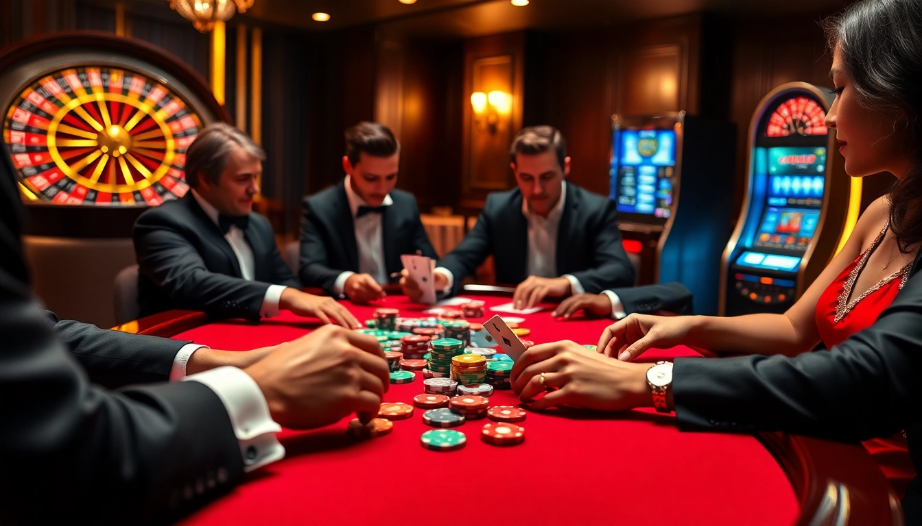 Players enjoying an exciting poker game at a luxurious rikbet casino table.