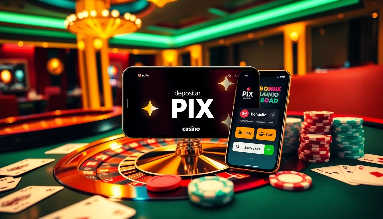 Cena de jogo empolgante destacando as opções de pagamento Pix no cassino, com fichas de pôquer e roleta.