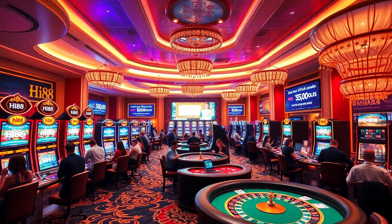 Players enjoying their time at Hi88 casino, showcasing excitement at vibrant slot machines.