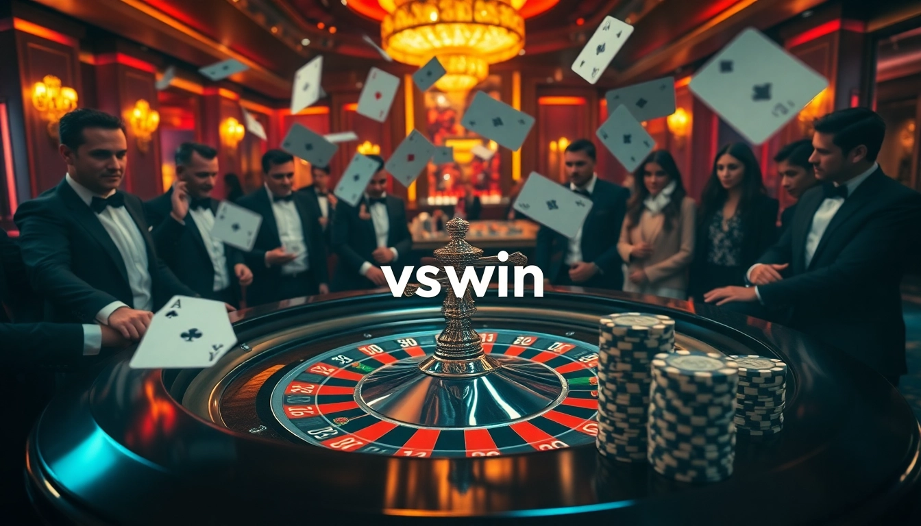 Excited gamblers playing at a vibrant roulette table, featuring the brand vswin.