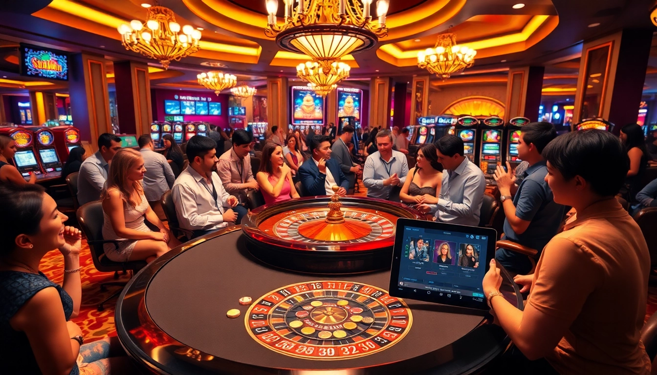 Players celebrating a big win at the roulette table in a luxurious sun win casino scene.