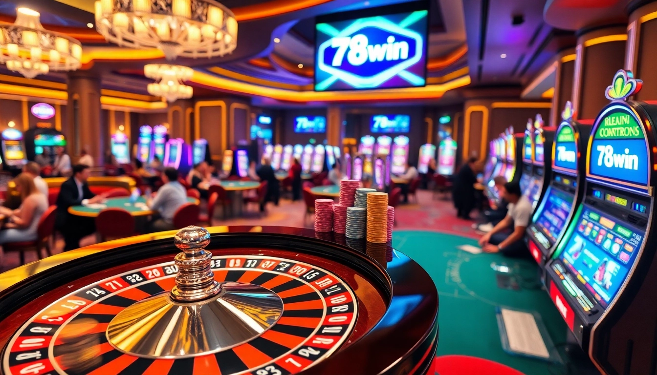 Exciting scene of 78win casino with poker chips and a spinning roulette wheel.