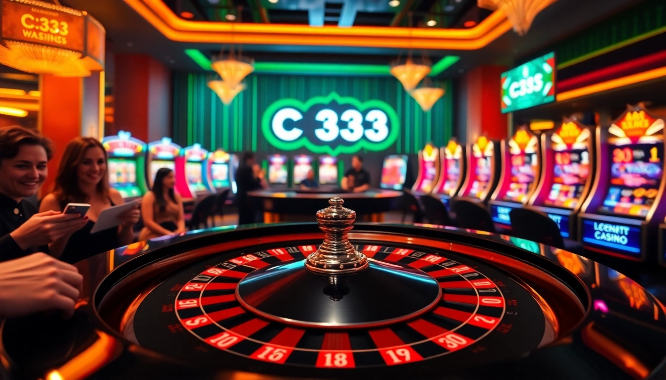Jogadores interagindo com jogos empolgantes na plataforma C333, imersos em uma atmosfera luxuosa de cassino.