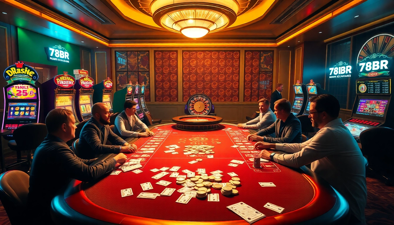 Jogadores aproveitando jogos em um elegante cassino online 78BR, com mesas e máquinas caça-níqueis.