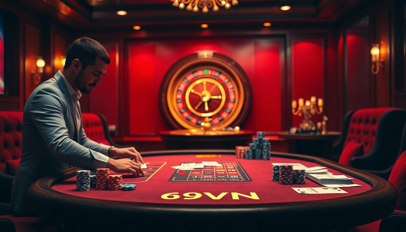 Exciting casino scene at 69VN with a dealer shuffling cards and a roulette wheel spinning.