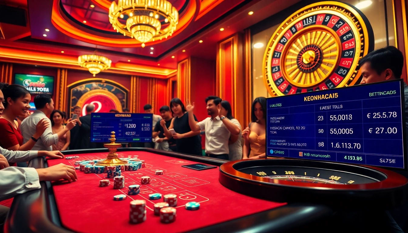 Exciting casino gaming scene featuring Keonhacai5 betting odds and vibrant poker action.