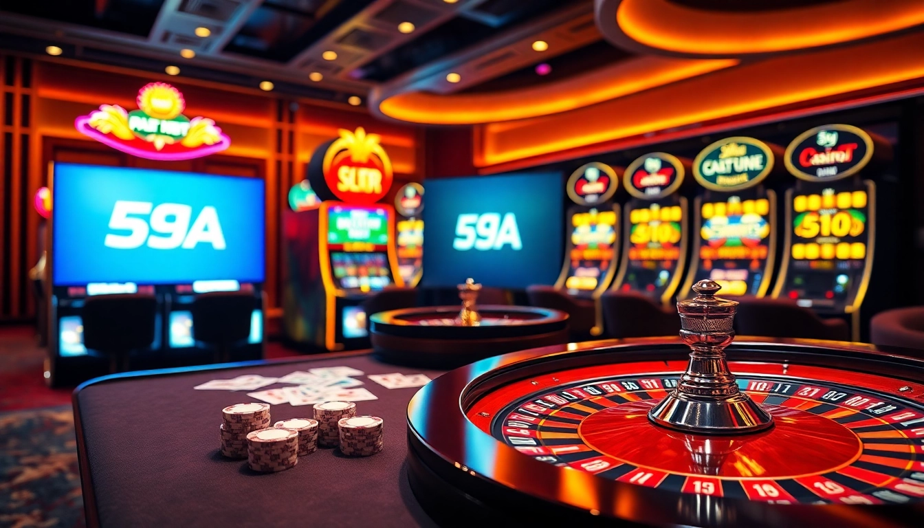 Cena de cassino envolvente no 59A, com mesas de jogo vibrantes e caça-níqueis, destacando a emoção das apostas.