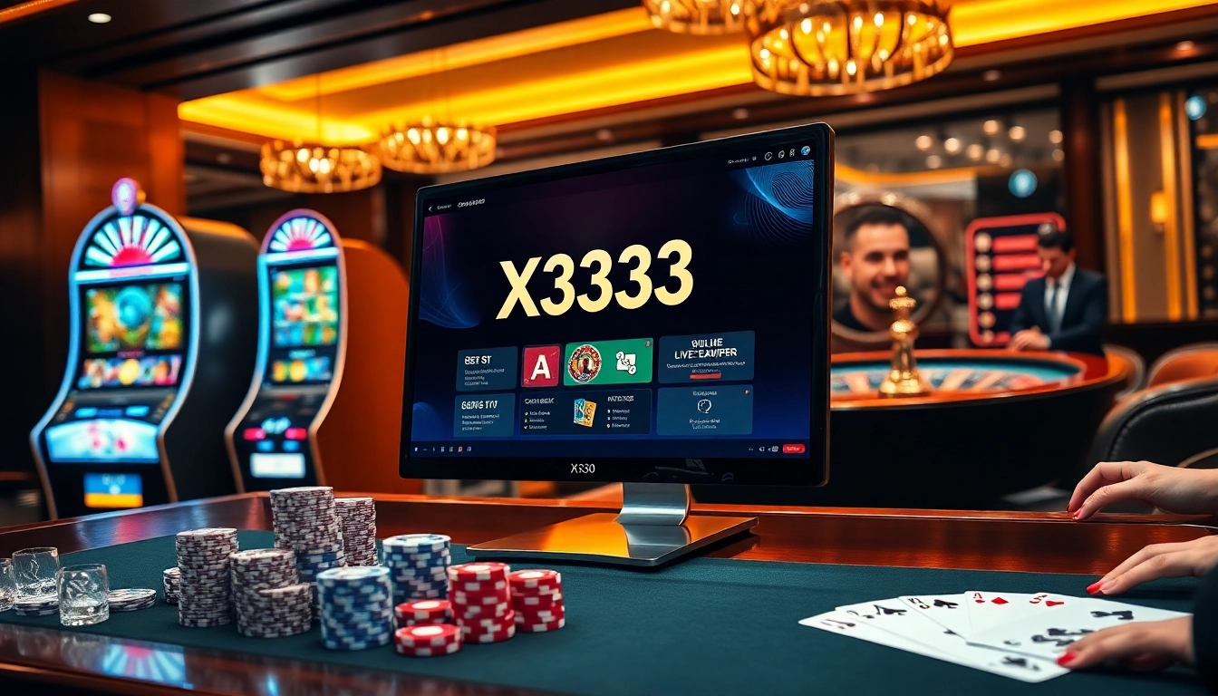 X333 casino platform showcasing professional roulette, poker chips, and glowing slot machines in action