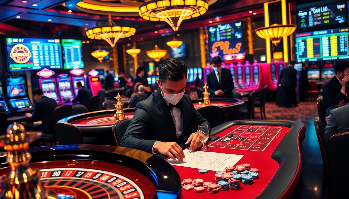 Bongdanet showcasing an exciting casino scene with vibrant roulette wheels and engaged players.