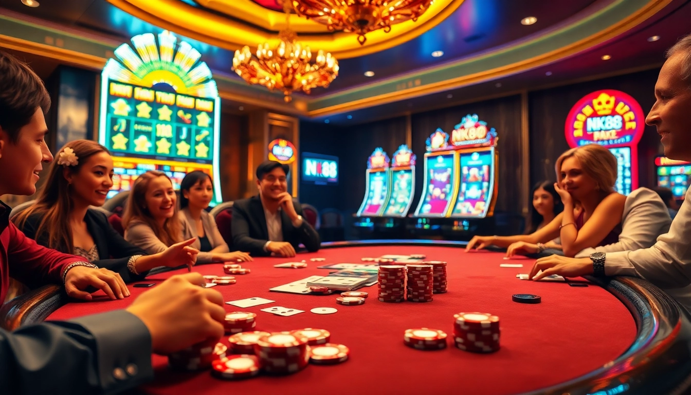 Experience thrilling gameplay at NK88 casino with elegant poker tables and vibrant slot machines.