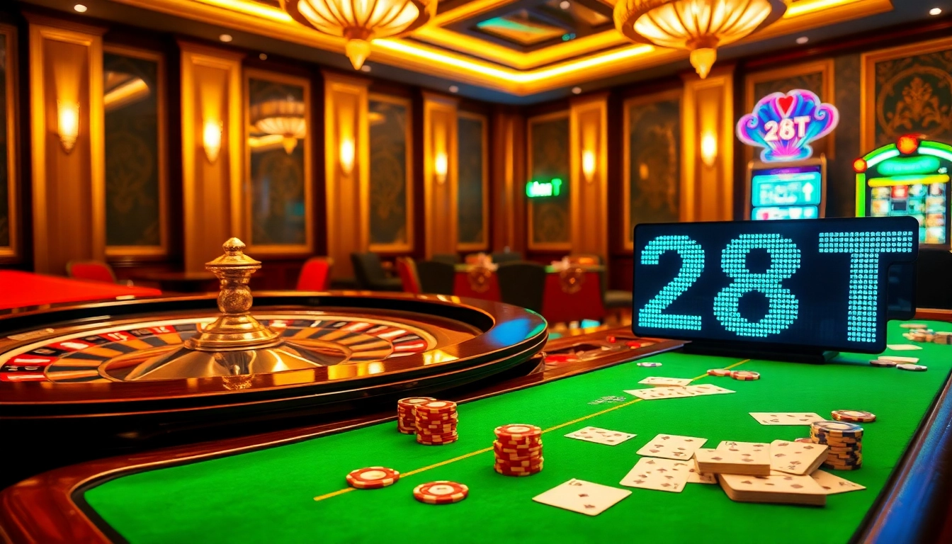 Exciting gaming scene with casino tables and 288T digital display, where players engage in high-stakes betting.