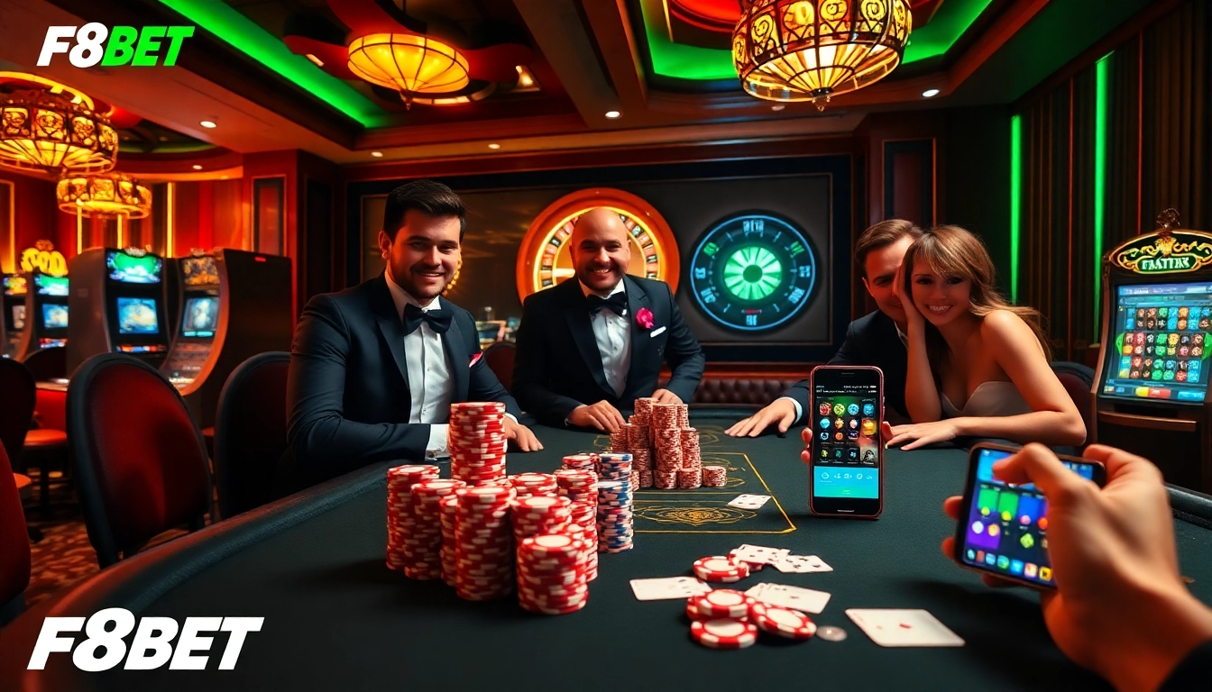 Engaging scene of an F8BET poker table with vibrant chips and a roulette wheel, depicting high-stakes action.