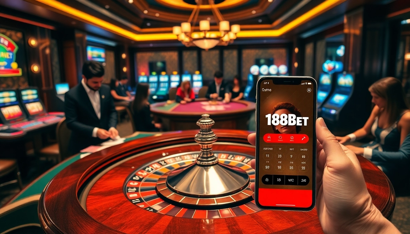 Engaging in high-stakes gambling at an exquisite casino, showcasing the link vào 188bet app on a mobile device.