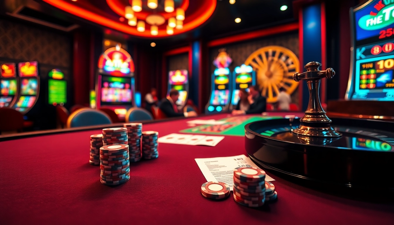 Engaged players at a high-stakes poker table with vibrant slot machines, showcasing the excitement of 7hh gambling.