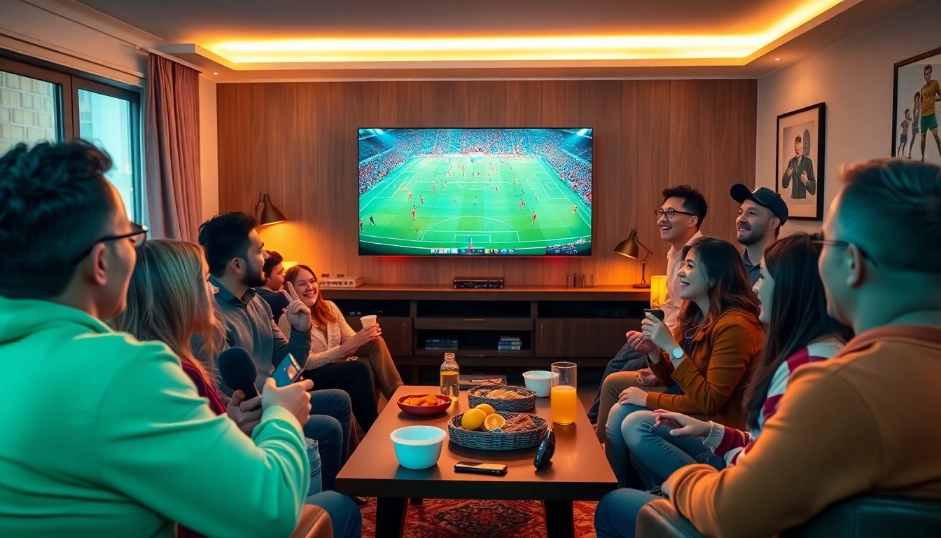 Fans enjoying a live football match on LuongSonTV in a vibrant home setting.