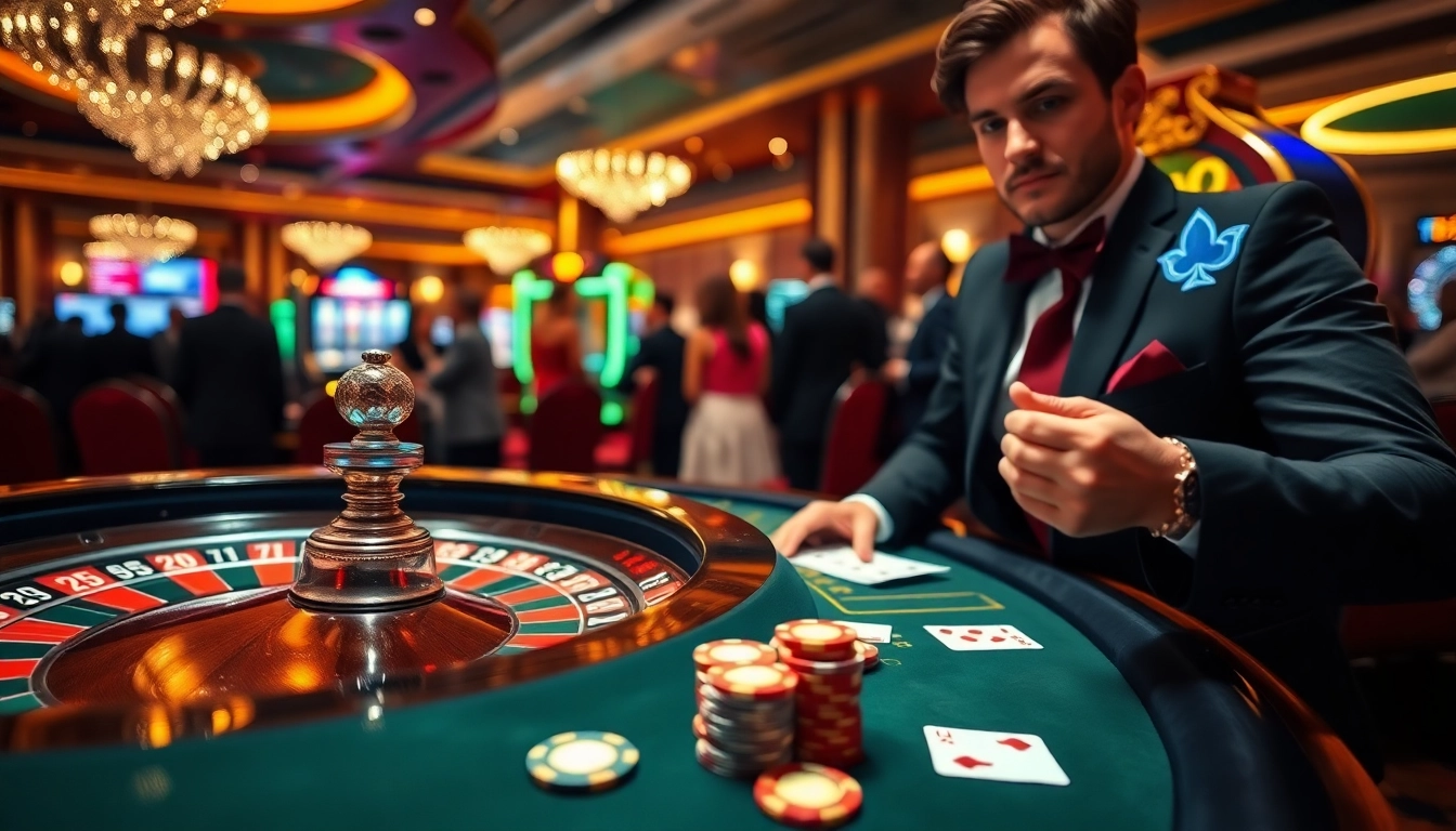 Exciting casino atmosphere at 789f with players engaged at poker and roulette tables.