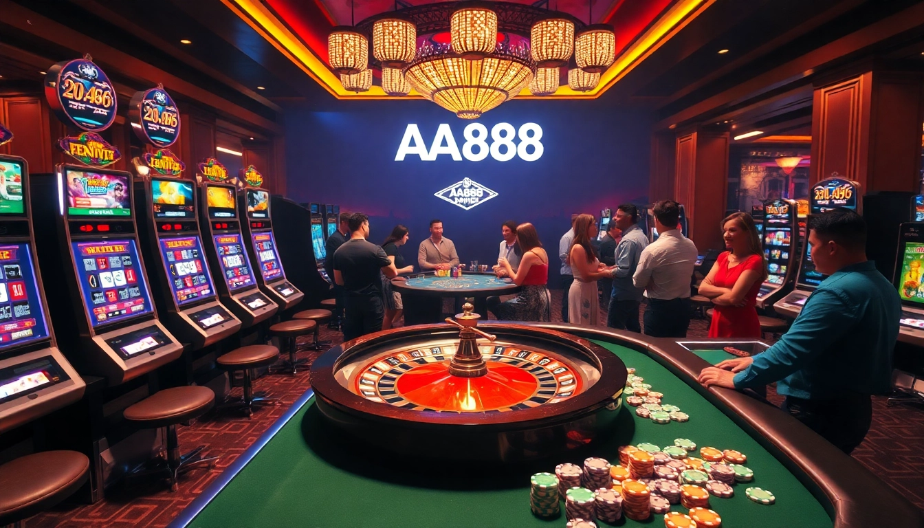 Viva uma jogabilidade emocionante com a AA888 em um cassino de luxo, repleto de máquinas caça-níqueis e mesas de pôquer.