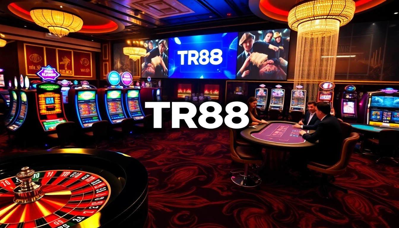 Players enjoying thrilling games at TR88 casino, featuring roulette, poker chips, and vibrant atmosphere.