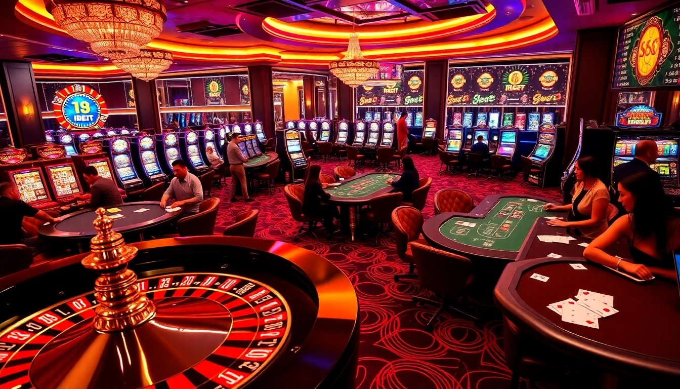Play exciting games at i9bet com, showcasing vibrant casino tables with players and roulette.