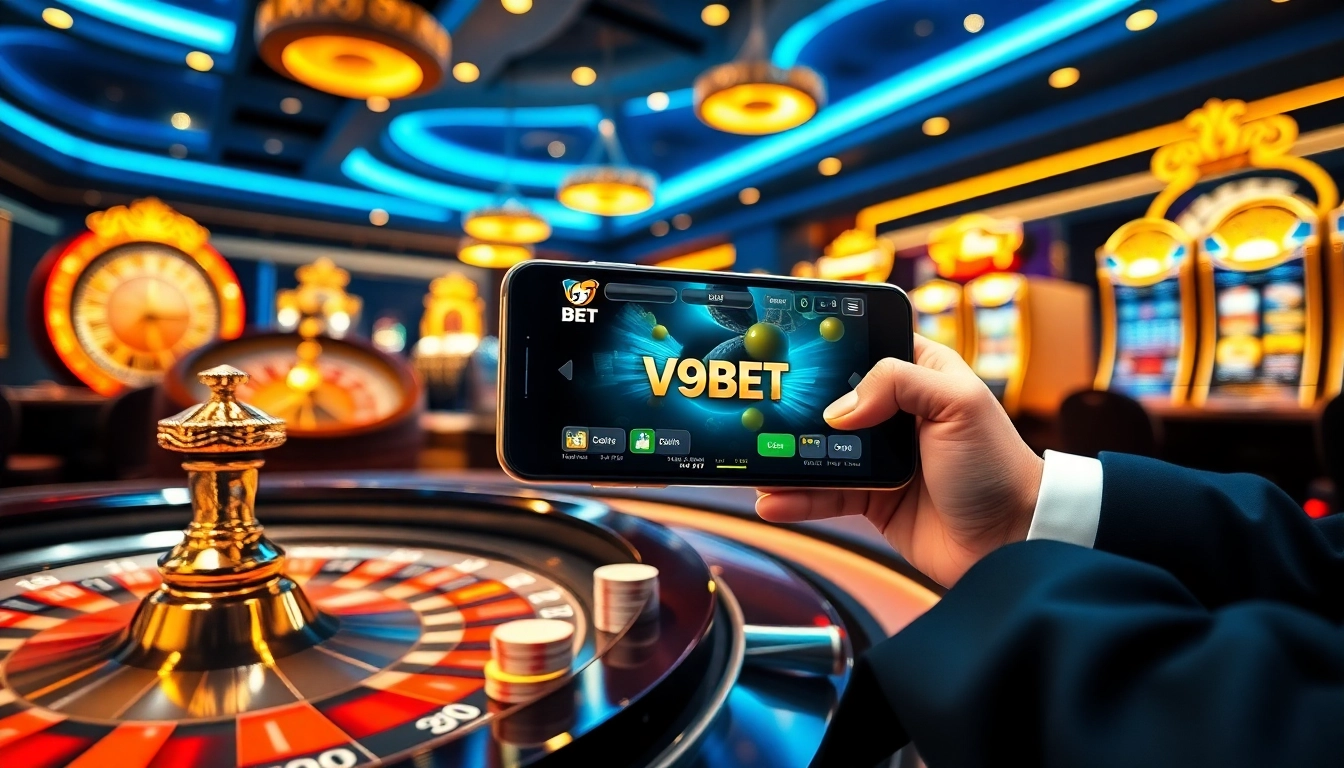 Experience the excitement of V9BET đăng nhập with a luxurious online casino scene showcasing vibrant games.