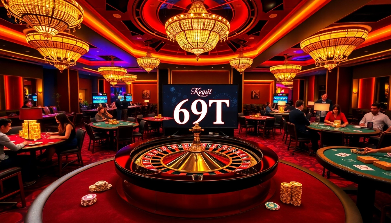Cena envolvente de cassino mostrando 69T e empolgante jogo de pôquer com fichas vibrantes e cartas.