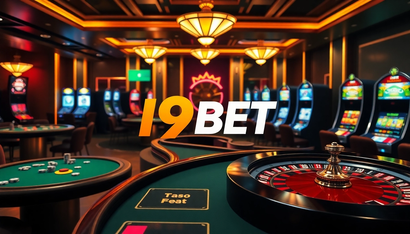 Players enjoying an exciting game at I9BET, featuring vibrant slot machines and a roulette wheel.