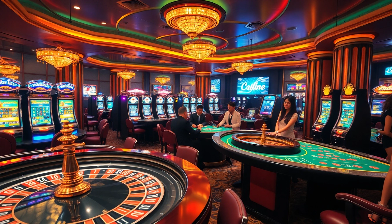 Action-packed scene of players enjoying games at nhà cái thabet casino, featuring roulette and poker.