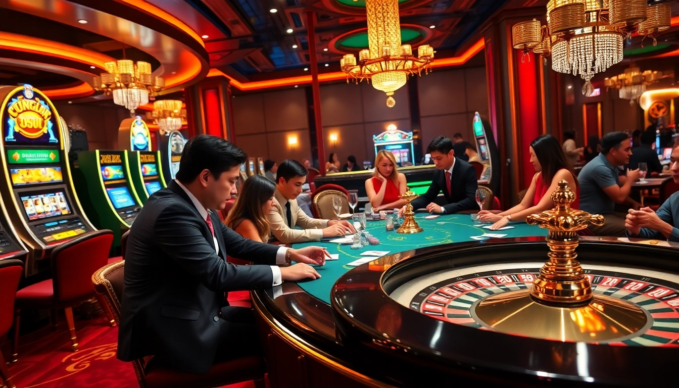 Engaged players enjoying a vibrant RR88 casino scene with poker tables and slot machines.