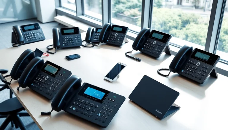 Showcase a professional business phone arrangement, highlighting modern devices and office setting.