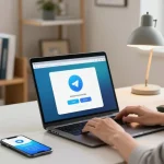 Engaged user navigating the Telegram download interface in a modern home office.