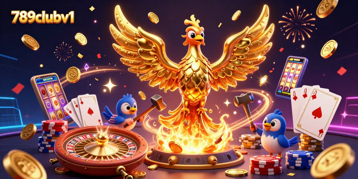 Experience exhilarating gameplay at 789clubv1 with golden coins cascading around a phoenix and roulette wheel.