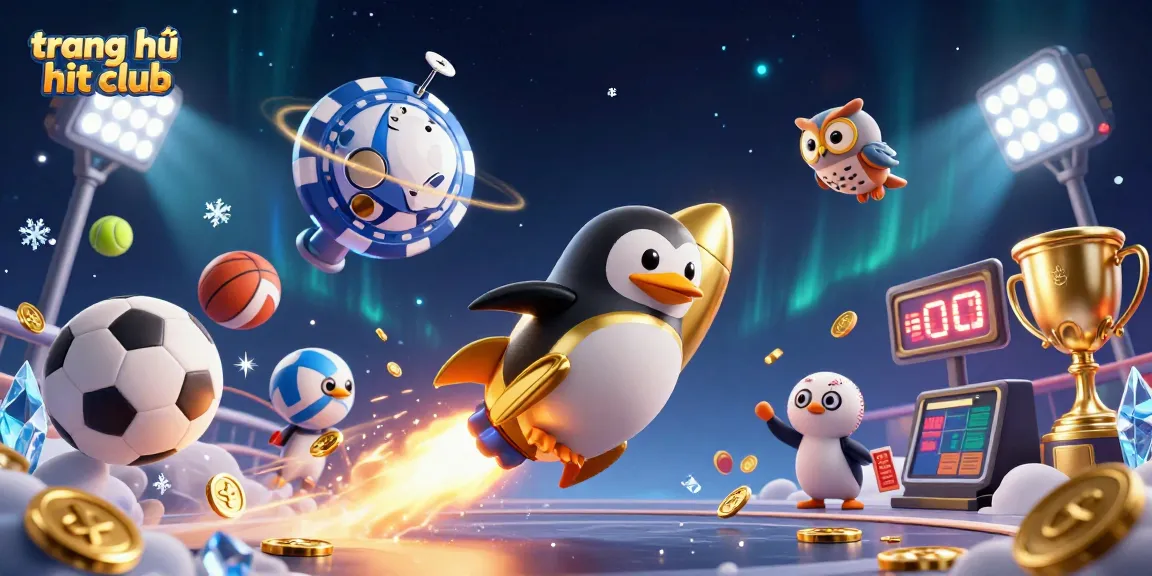 Engage with the thrilling atmosphere of trang chủ hit club featuring a dynamic cartoon penguin racing towards a casino.