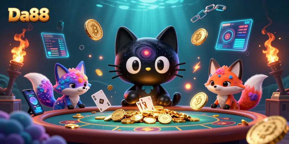 Experience cosmic gaming adventures at Da88 with a gravity-defying cat and colorful galaxy fox.