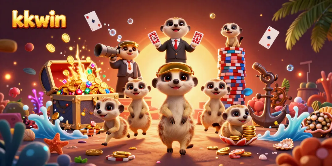 Experience thrilling gameplay with kkwin as meerkats oversee a vibrant casino scene filled with treasures.