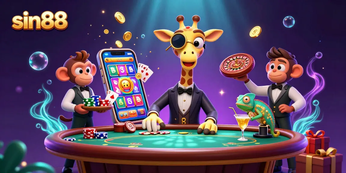 Sin88 offers a vibrant casino scene with a high-roller giraffe and lively gaming elements.